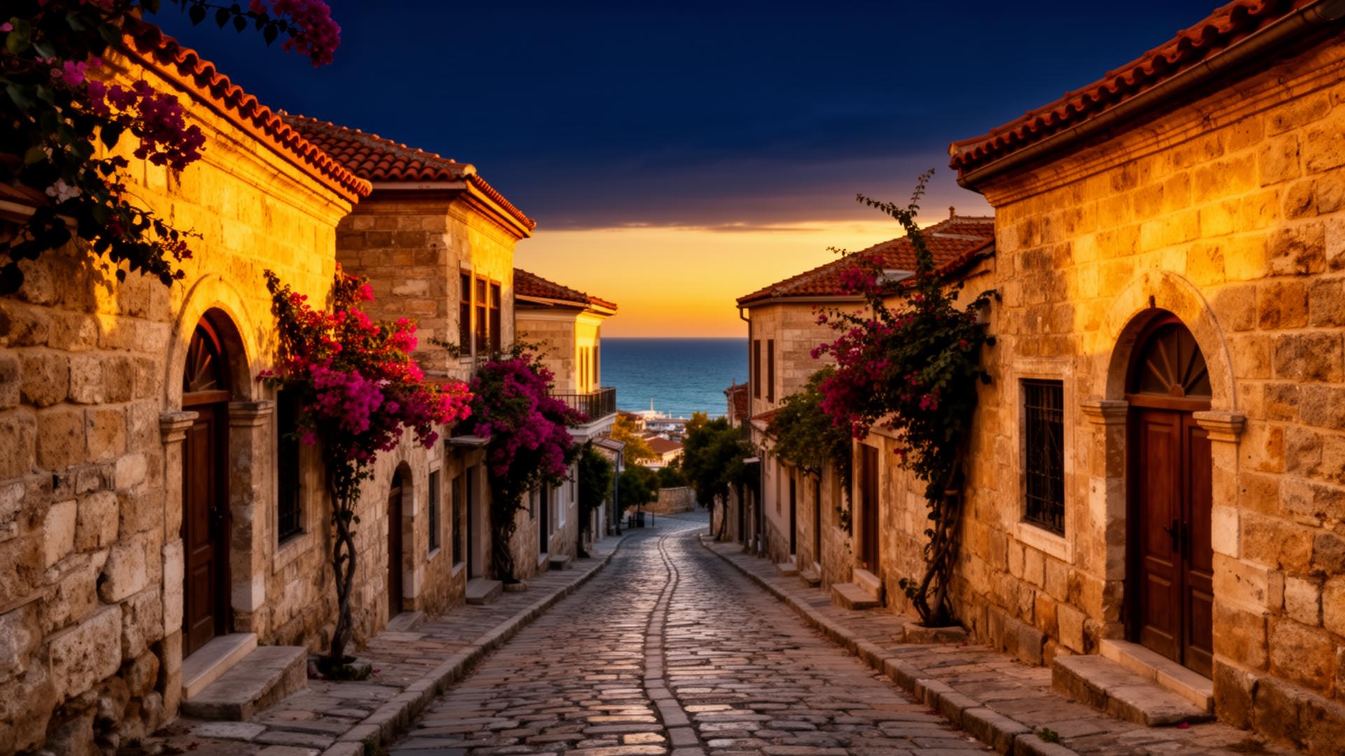 Sunset over the cobblestone streets of Kaleiçi, Antalya